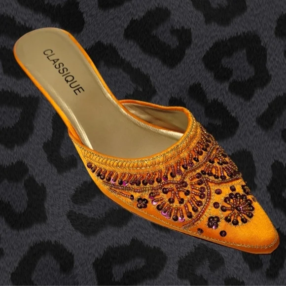 Classique Orange Hand Beaded Kitten Heel Mules Size 7W - Picture 11 of 11